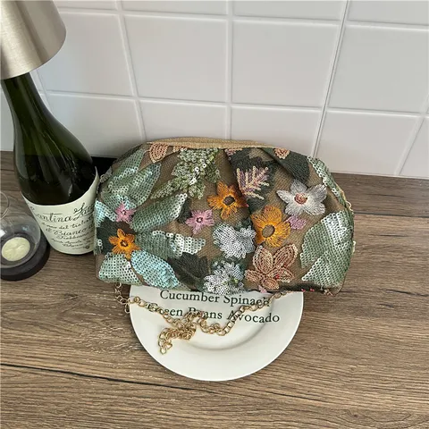 Borsa da Sera Ricamata con Fiori e Paillettes Neo-Cinese da Donna Elegante Borsa a Tracolla con Catena Pochette per Festa Banchetto