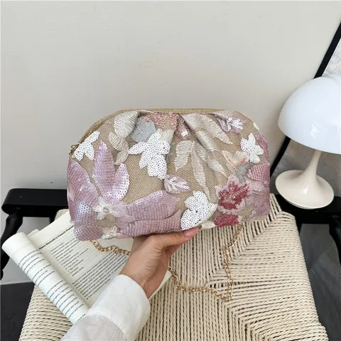 Borsa da Sera Ricamata con Fiori e Paillettes Neo-Cinese da Donna Elegante Borsa a Tracolla con Catena Pochette per Festa Banchetto