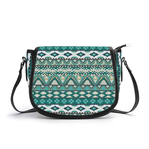 Ethnic Geometric Print PU Leather Saddle Bag Women Single Shoulder Crossbody Bag With Adjustable Strap Magnetic Closure Vintage Purse