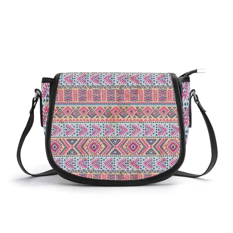 Ethnic Geometric Print PU Leather Saddle Bag Women Single Shoulder Crossbody Bag With Adjustable Strap Magnetic Closure Vintage Purse