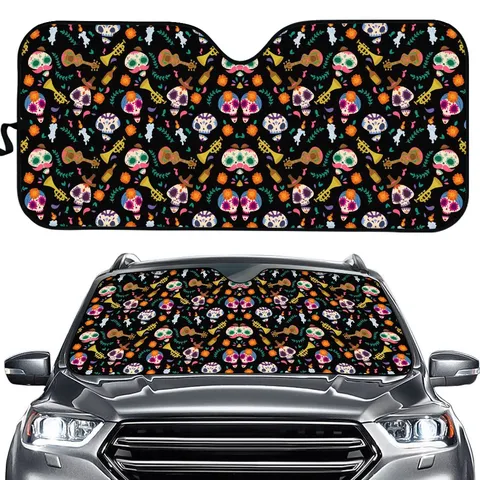 Skull Print Car Sunshade For Windshield UV Protection Heat Insulation Foldable Auto Sun Visor Protector Universal Fit Mexican Folk Art