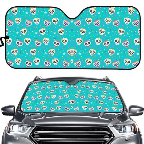 Skull Print Car Sunshade For Windshield UV Protection Heat Insulation Foldable Auto Sun Visor Protector Universal Fit Mexican Folk Art