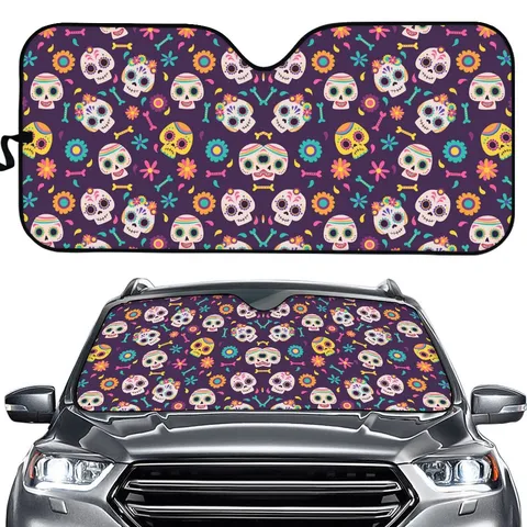 Cartoon Totenkopf Blumen Bedruckt Auto Windschutzscheibe Sonnenschutz Universal Auto Frontfenster Sonnenschirm Abdeckung Blockieren UV-Strahlen Reflektor