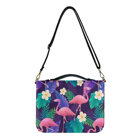 Fashion PU Leather Book Shaped Crossbody Bag For Women Flamingo Floral Print Handbag Bible Bag With Strap Travel Storage Bag