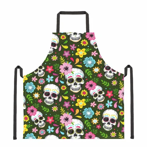 Delantal de Poliéster de Halloween Impermeable Delantal de Cocina Día de los Muertos Estampado Calavera para Mujeres Hombres Fiesta