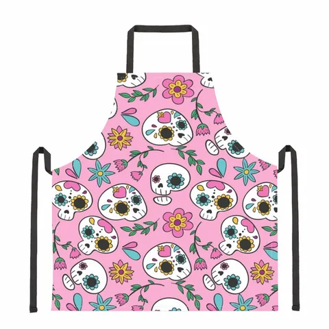 Halloween Spooky Skull Pattern Polyester Apron For Kitchen Cooking Spooky Cartoon Pumpkin Printed Waterproof Chef Apron For Party Adults