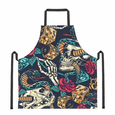 Gotische Schürze mit Totenkopf und Blumenmuster Polyester Ärmellos Fleckenabweisend Verstellbar Küche Kochen Deko Für Halloween Party