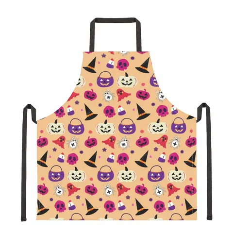 Halloween Spooky Skull Pattern Polyester Apron For Kitchen Cooking Spooky Cartoon Pumpkin Printed Waterproof Chef Apron For Party Adults