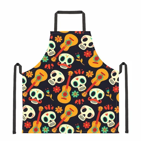 Halloween Skull Printed Apron Sleeveless Polyester Fabric Cooking Baking Apron For Chef Barista Waiter Party Kitchen Decor