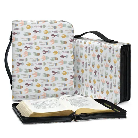 PU Leder Bibeltasche Große Kapazität Handtasche Reißverschluss Blumen Kaktus Druck Buch Schutzhülle Für Damen Religiöses Geschenk
