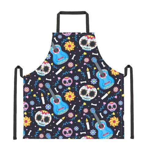 Mexiko Tag Der Toten Küchenschürze Digitaldruck Polyester Zuckerschädel Blumen Nackenhalter Schürze Für Erwachsene Haushaltsreinigung