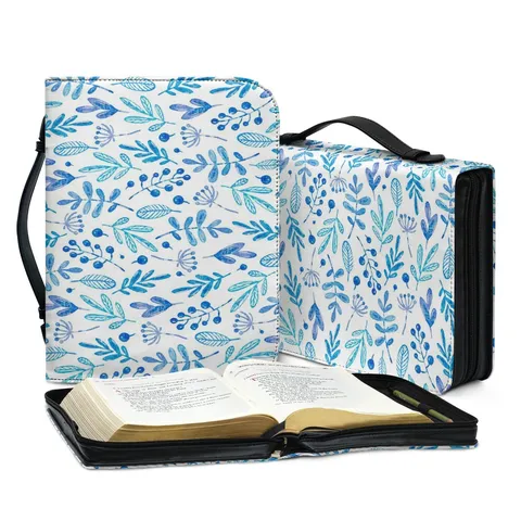 Multifunctional PU Leather Bible Bag Botanical Floral Print Book Case Protective Zippered Clutch Organizer Sleeve Handbag For Casual Travel
