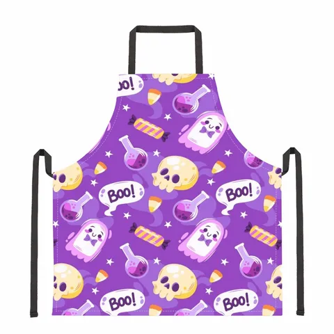 Halloween Cartoon Skull Ghost All-Over Print Apron Polyester Stain Resistant Sleeveless Home Kitchen Cooking Bib Apron For Party Adults