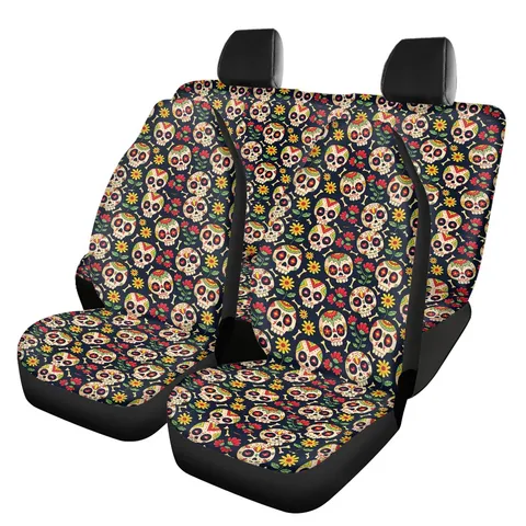 Funda de Asiento Delantero de Coche Universal de Punto Estampado Patrón de Calavera de Azúcar Dibujos Animados Floral Poliéster Elástico Protector Automotriz Accesorio Decorativo