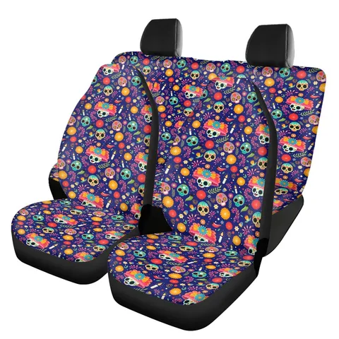 Universal Autositzbezüge Polyester Elastan Gestrickt Schutzpolster Bedruckt Halloween Tag Der Toten Totenkopf Muster Deko Zubehör Für SUV