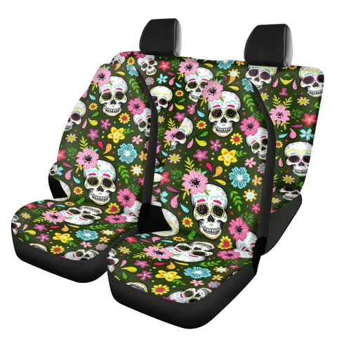 Universelle Autositzbezüge Komplettset Mexikanischer Zucker Totenkopf Blumendruck Polyester Spandex Atmungsaktive Auto Innenraum Schutz