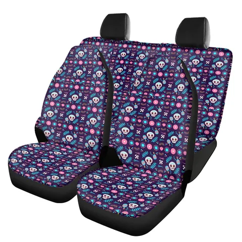 Universal Polyester Spandex Car Seat Covers Set Sugar Skull Floral Printed Breathable Front Rear Seat Protection Covers For SUV Car Interior Accessories