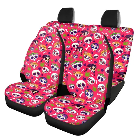 Skull Printed Car Seat Covers Universal Breathable Polyester Spandex Halloween Day of the Dead Auto Seat Protectors Decor