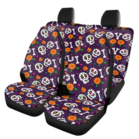 Universelle Autositzbezüge Komplettset Mexikanischer Zucker Totenkopf Blumendruck Polyester Spandex Atmungsaktive Auto Innenraum Schutz
