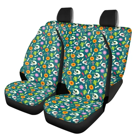 Universal Polyester Spandex Car Seat Covers Set Sugar Skull Floral Printed Breathable Front Rear Seat Protection Covers For SUV Car Interior Accessories