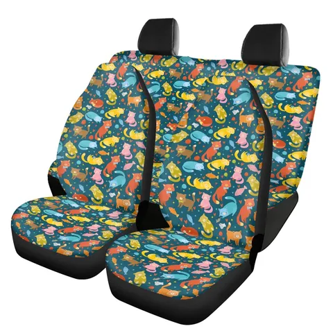 Universal Car Seat Covers Polyester Spandex Breathable Cartoon Cat Print Front And Rear Protective Seat Covers For Most Cars SUV Bucket Seats
