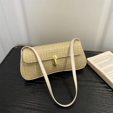 Womens Woven Straw Baguette Bag Retro Chic Underarm Shoulder Bag Vintage Metal Lock Handbag Casual Daily Purse