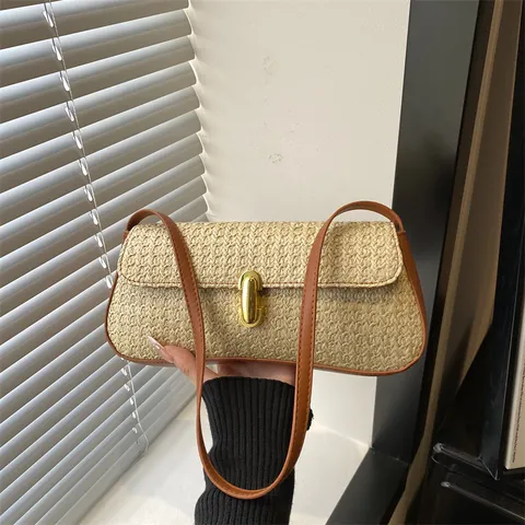 Womens Woven Straw Baguette Bag Retro Chic Underarm Shoulder Bag Vintage Metal Lock Handbag Casual Daily Purse