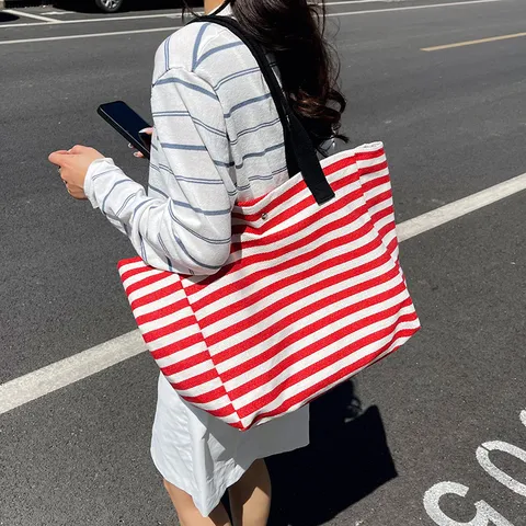 Women's Large Capacity Canvas Tote Bag Casual Striped Shoulder Bag Commuter Fashion Handbag For Daily Use