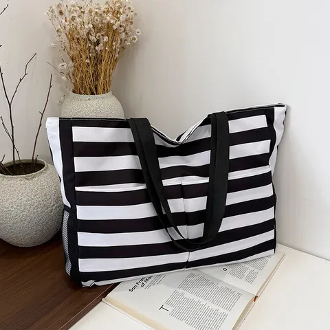 Women's Large Capacity Nylon Tote Bag Casual Striped Shoulder Bag Urban Minimalist Handbag