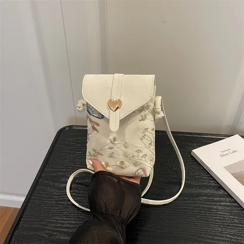 Borsa per Cellulare in Nuovo Stile Cinese con Ricamo Floreale Fibbia Magnetica a Cuore Piccola Borsa a Tracolla Leggera