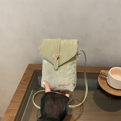 Borsa per Cellulare in Nuovo Stile Cinese con Ricamo Floreale Fibbia Magnetica a Cuore Piccola Borsa a Tracolla Leggera