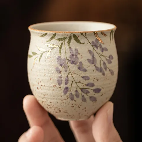 Hand-Painted Wisteria Ceramic Teacup Gold Gilded Chinese Porcelain Kung Fu Master Cup Vintage Household Tea Tasting