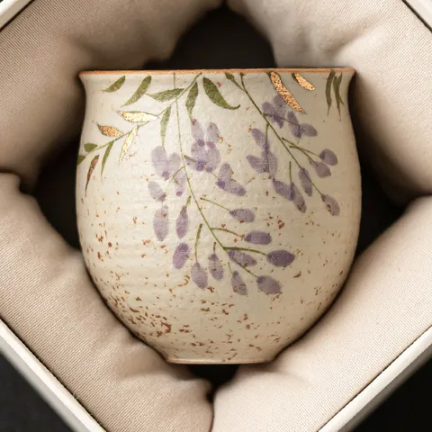 Hand-Painted Wisteria Ceramic Teacup Gold Gilded Chinese Porcelain Kung Fu Master Cup Vintage Household Tea Tasting