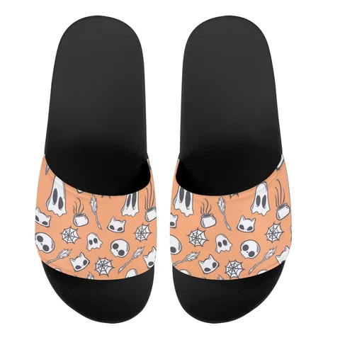 Sommer Casual Totenkopf Druck Pantoletten Für Damen Herren Rutschfest PVC EVA Halloween Skelett Muster Strand Sandalen Flache Hausschuhe