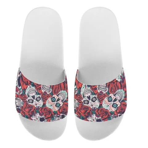 Mexikanische Tag der Toten Rose Totenkopf Druck Pantoletten Unisex Casual Strand Hausschuhe PVC EVA Rutschfeste Flache Flip Flops