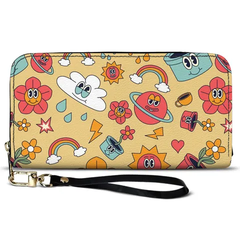 Women Long Zip Around Wallet PU Leather Cartoon Graffiti Print Clutch Bag With Wristlet Large Capacity Phone Purse