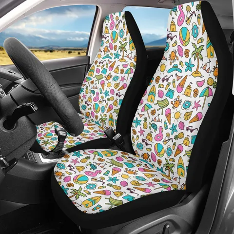 Universele Voorautostoelhoezen Zomerstrand Cartoon Monster Print Ademend Polyester Spandex Stoelbeschermer Sportieve Auto Accessoires