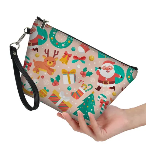 Festif Noël Père Noël Bonhomme de Neige Impression En Cuir PU Trousse de Toilette Portable Fermeture Éclair Maquillage Pochette de Rangement Dragonne Pour Vacances Voyage Unisexe Organisateur