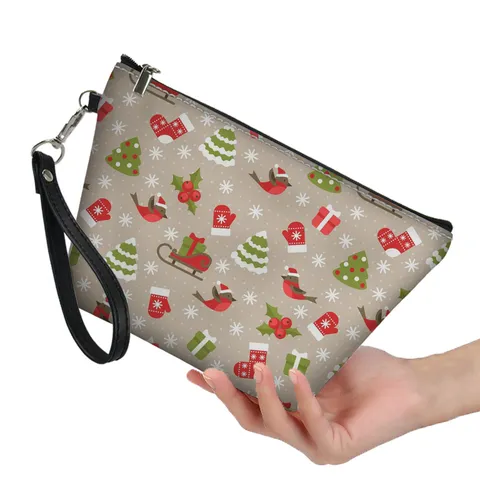 Christmas Printed PU Leather Cosmetic Bag Portable Handheld Toiletry Pouch For Women Festival Gift Makeup Bag With Hand Strap