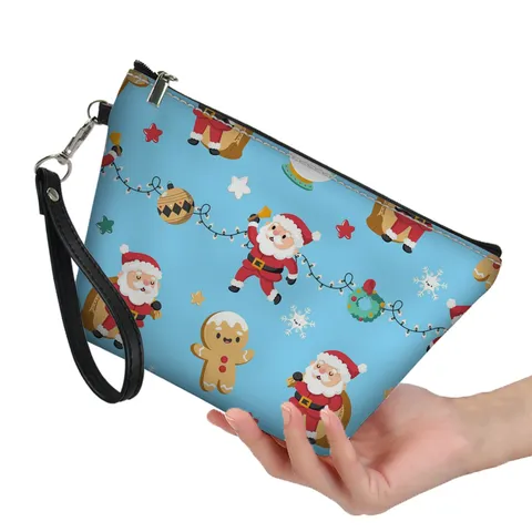 Festif Noël Père Noël Bonhomme de Neige Impression En Cuir PU Trousse de Toilette Portable Fermeture Éclair Maquillage Pochette de Rangement Dragonne Pour Vacances Voyage Unisexe Organisateur
