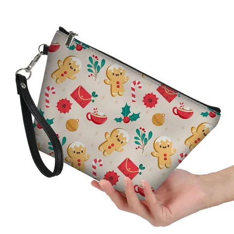 Borsa da Trucco Natalizia Omino di Pan di Zenzero Babbo Natale Borsa da Toilette Donna in Pelle PU Stampata Organizer Cosmetico