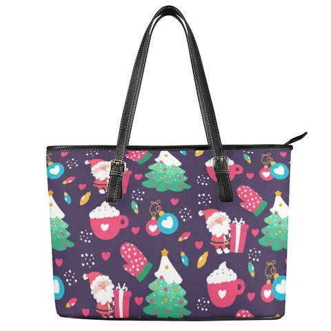 Damen Casual PU Leder Tragetasche Weihnachten Weihnachtsmann Druck Umhängetasche Business Pendeln Reißverschluss Handtasche Feiertagsparty Geschenk