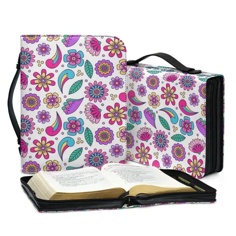 Cartoon Blumenmuster Bibeltasche PU-Leder Tragbare Handheld Aufbewahrungstasche Religiöse Buchhülle Schutztasche Mit Reißverschluss Elegantes Geschenk Für Damen