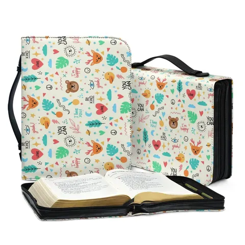 Multifunktionale PU Leder Bibeltasche Cartoon Blumenmuster Aufbewahrung Handtasche Reißverschluss Buchhülle Schutz Mit Griff Für Reisen Täglichen Gebrauch