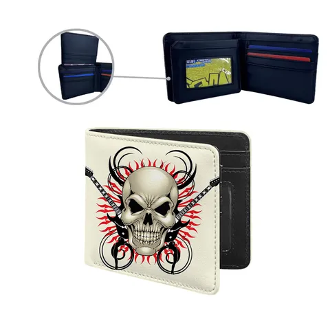 Men's Bifold PU Leather Wallet Skull Flame Guitar Print Dark Gothic Street Style Card Holder Cash Organizer Purse For Daily Use