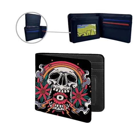 Men's Bifold PU Leather Wallet Skull Flame Guitar Print Dark Gothic Street Style Card Holder Cash Organizer Purse For Daily Use