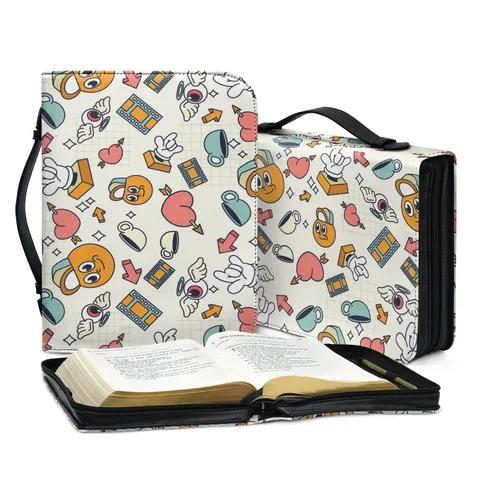 Tragbare PU Leder Buchschutzhülle Retro Cartoon Bedruckt Bibel Aufbewahrungstasche Reißverschluss Handheld Reise Buch Tasche Organizer Halter