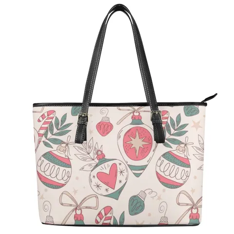 Christmas Cartoon Printed PU Leather Tote Bag For Women Large Capacity Shoulder Handbag Elegant Holiday Graffiti Travel Commute Zipper Purse Gift