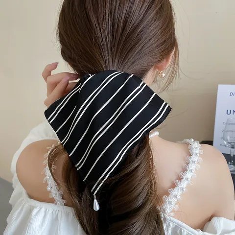 Korean Style Striped Fabric Scrunchie Hair Claw Clip With Artificial Pearl Water Drop Pendant Elegant Hair Ties Ponytail Holder For Women Accessories