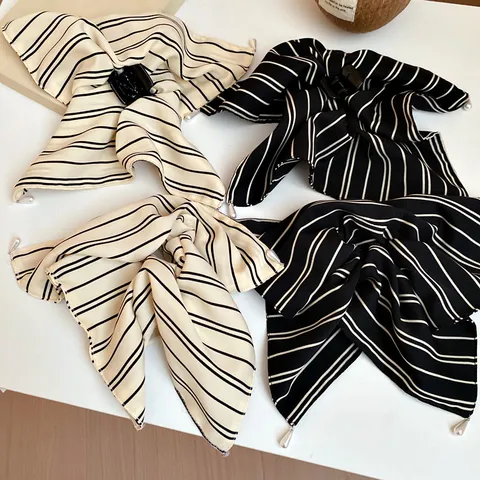 Korean Style Striped Fabric Scrunchie Hair Claw Clip With Artificial Pearl Water Drop Pendant Elegant Hair Ties Ponytail Holder For Women Accessories